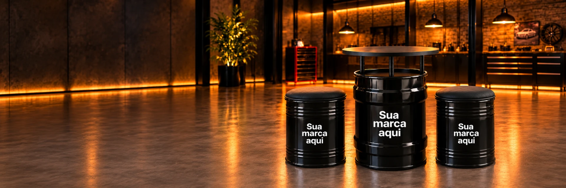 Conjunto preto de mesa bistrô e duas banquetas com exemplo de estampa Sua marca aqui
